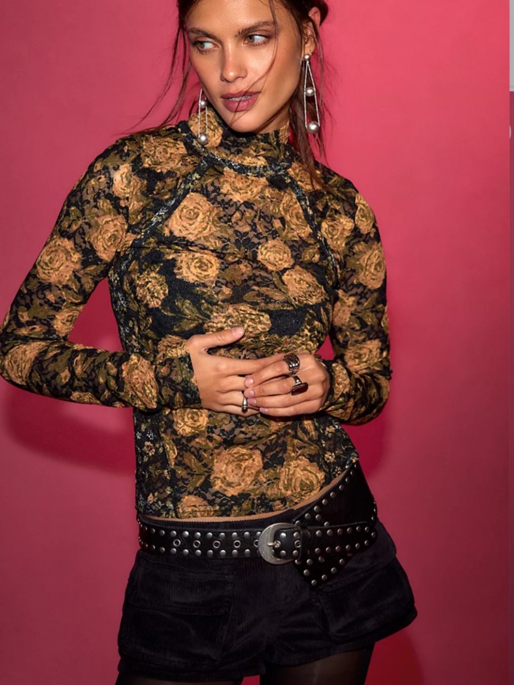 Lyric Sheer Lace Long Sleeve Turtleneck Top